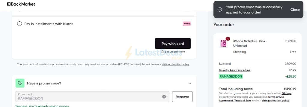 Screenshot of the Back Market discount code working
