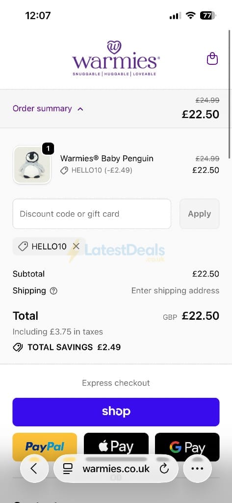 Screenshot of the Warmies discount code working