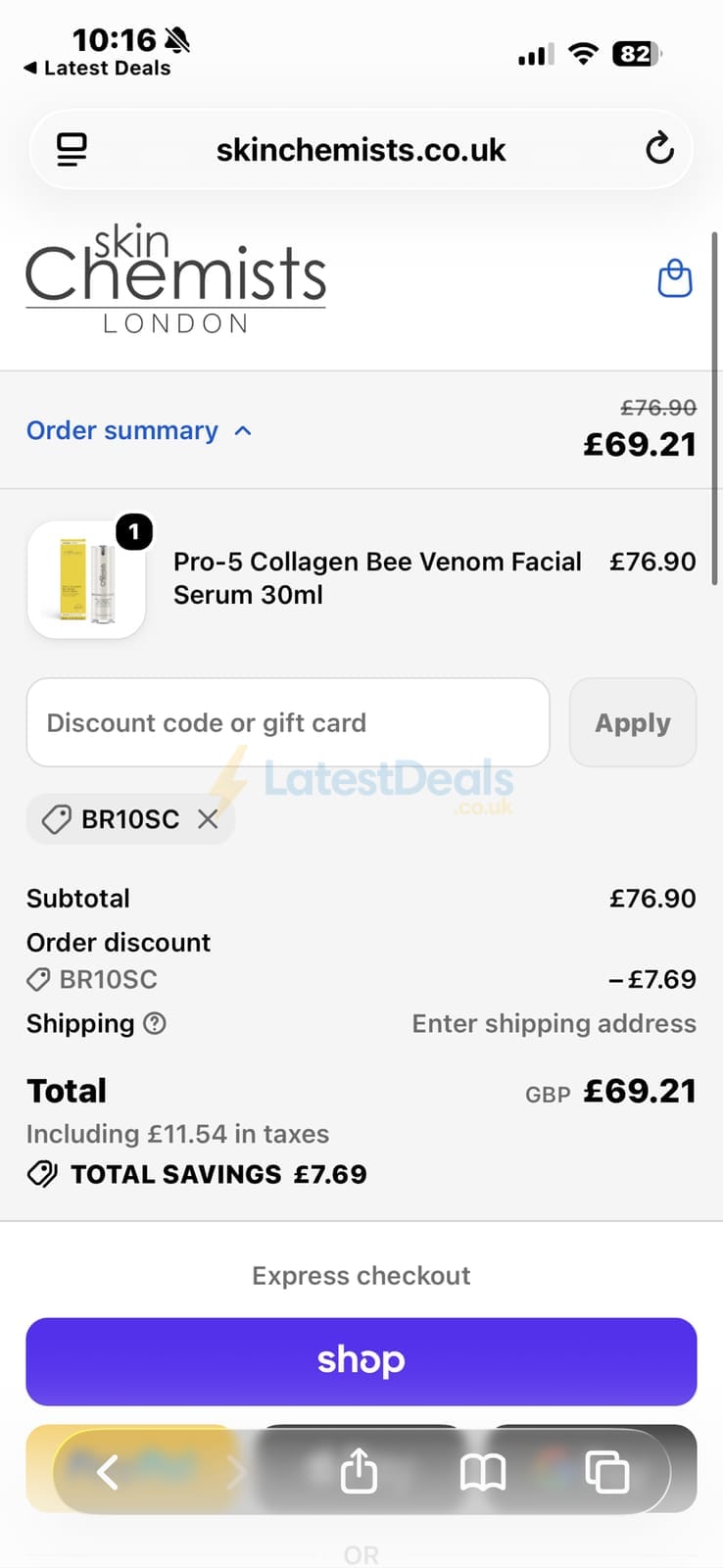 Screenshot of the skinChemists discount code working