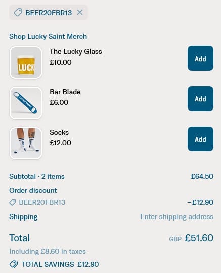 Screenshot of the Lucky Saint discount code working