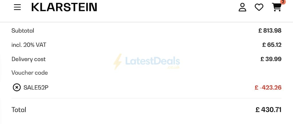 Screenshot of the Klarstein discount code working