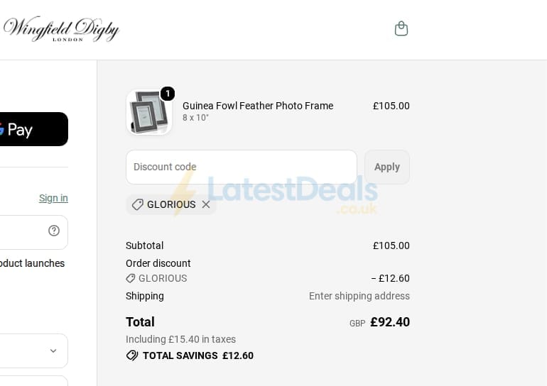 Screenshot of the Wingfield Digby discount code working