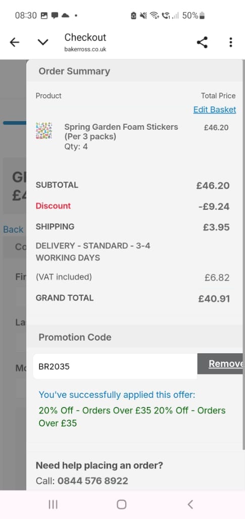 Screenshot of the Baker Ross discount code working