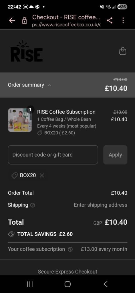Screenshot of the RISE discount code working