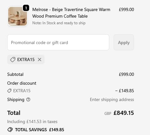 Screenshot of the William Wood Mirrors discount code working