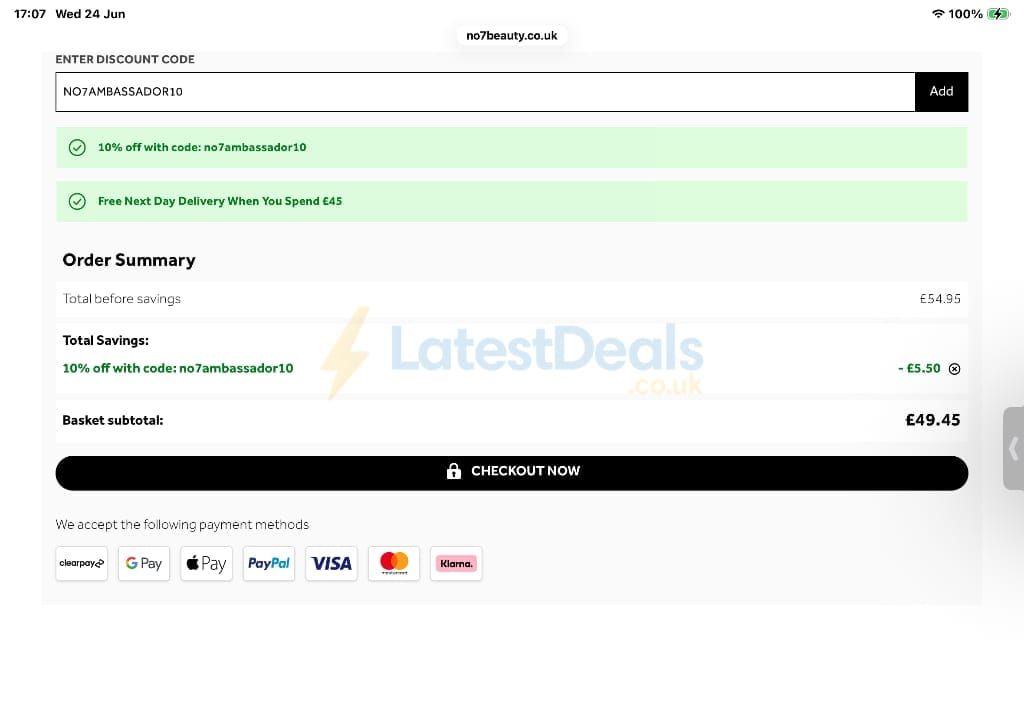 Screenshot of the No7 Beauty discount code working