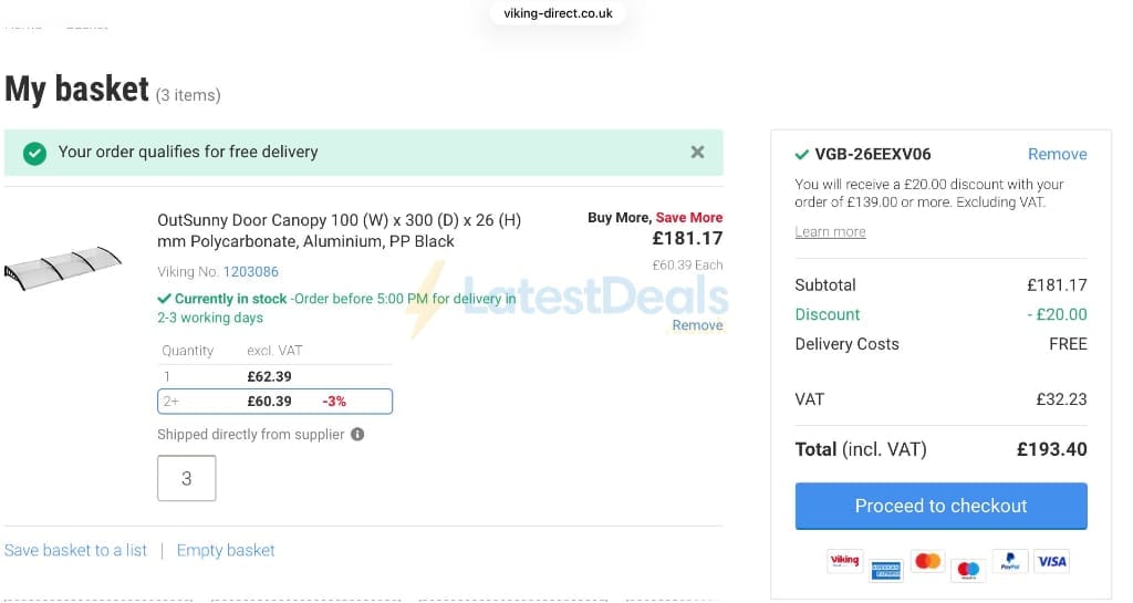 Screenshot of the Viking Direct discount code working