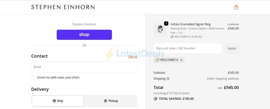 Screenshot of the Stephen Einhorn discount code working