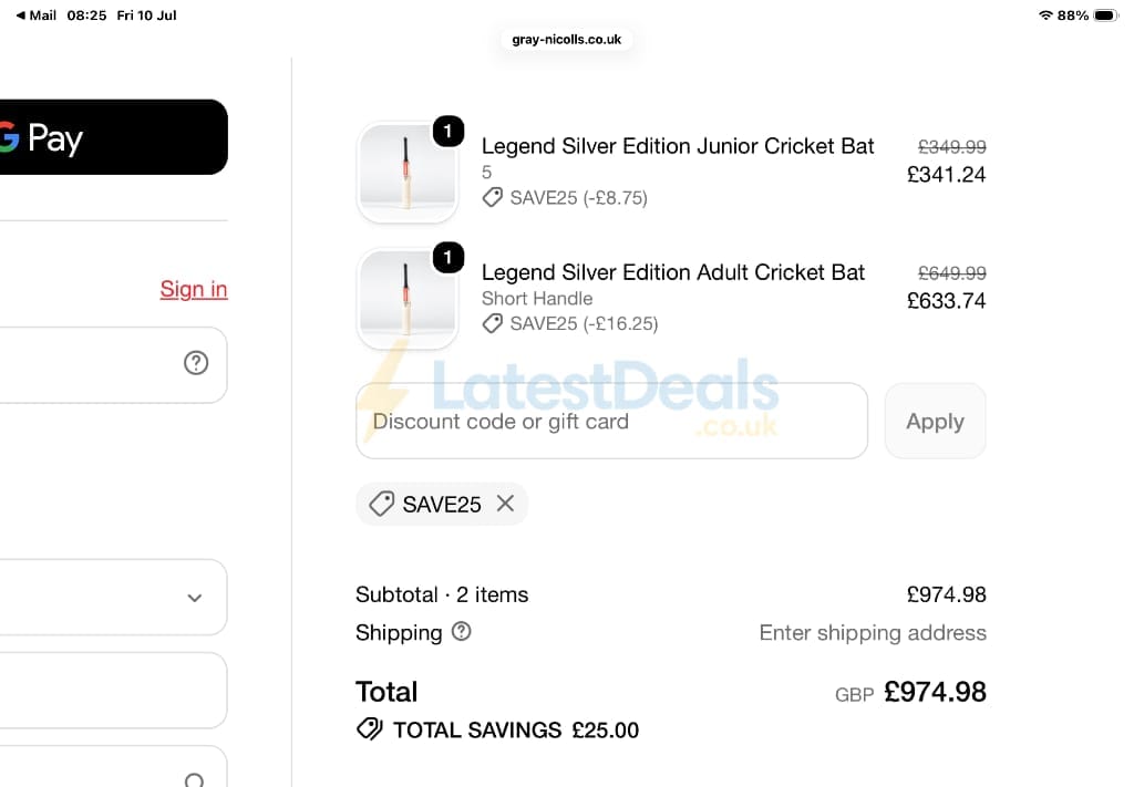 Screenshot of the Gray-Nicolls discount code working