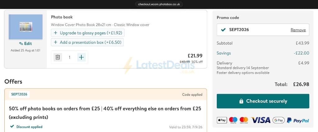 Screenshot of the Photobox discount code working