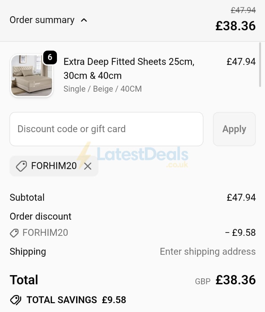 Screenshot of the Yorkshire Bedding discount code working