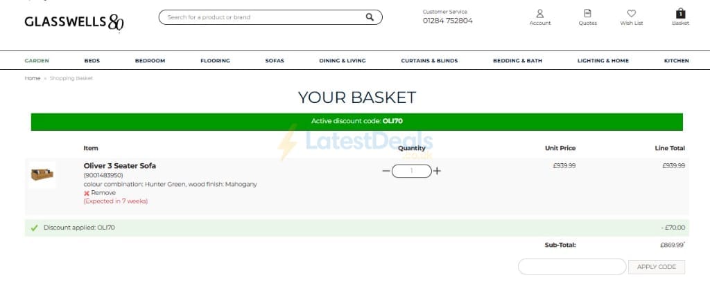Screenshot of the Glasswells discount code working