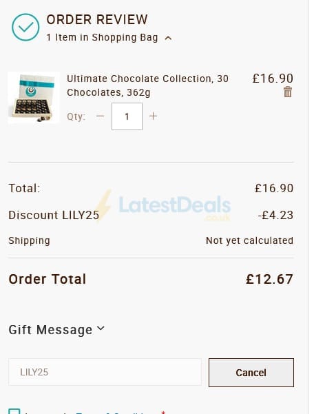 Screenshot of the Lily O'Brien's discount code working