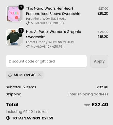 Screenshot of the My Rocking Kids discount code working