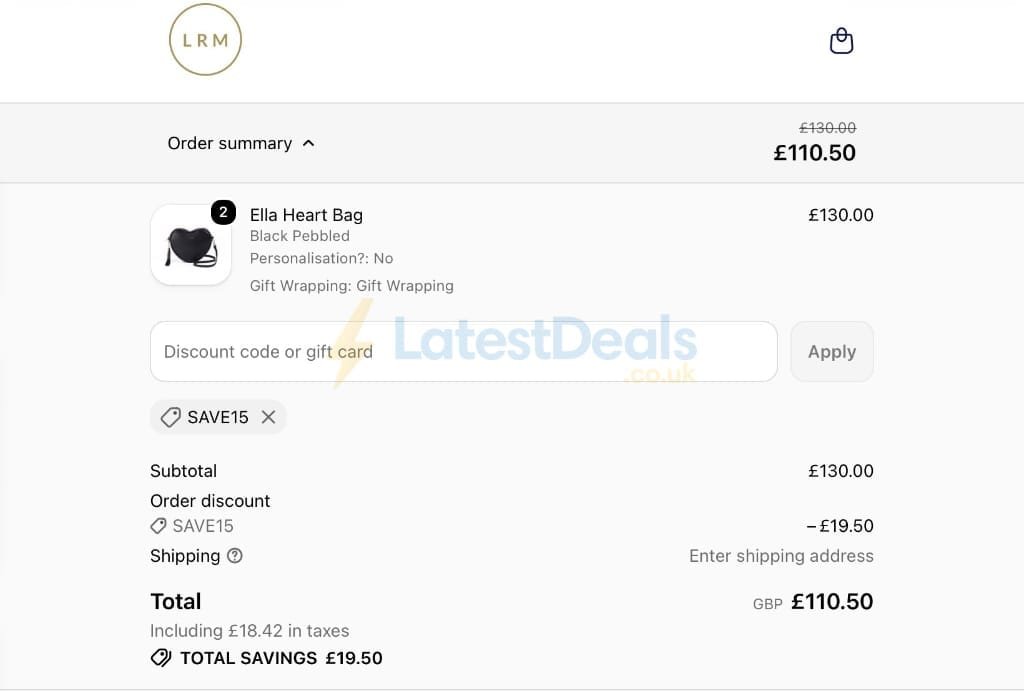 Screenshot of the LRM Goods discount code working