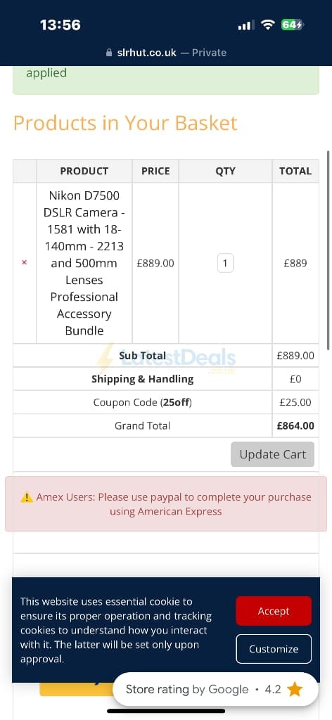 Screenshot of the SLRHut discount code working