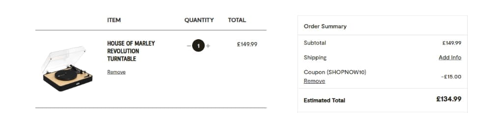 Screenshot of the House of Marley discount code working