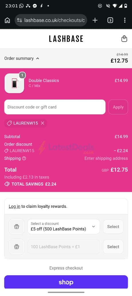 Screenshot of the LashBase discount code working