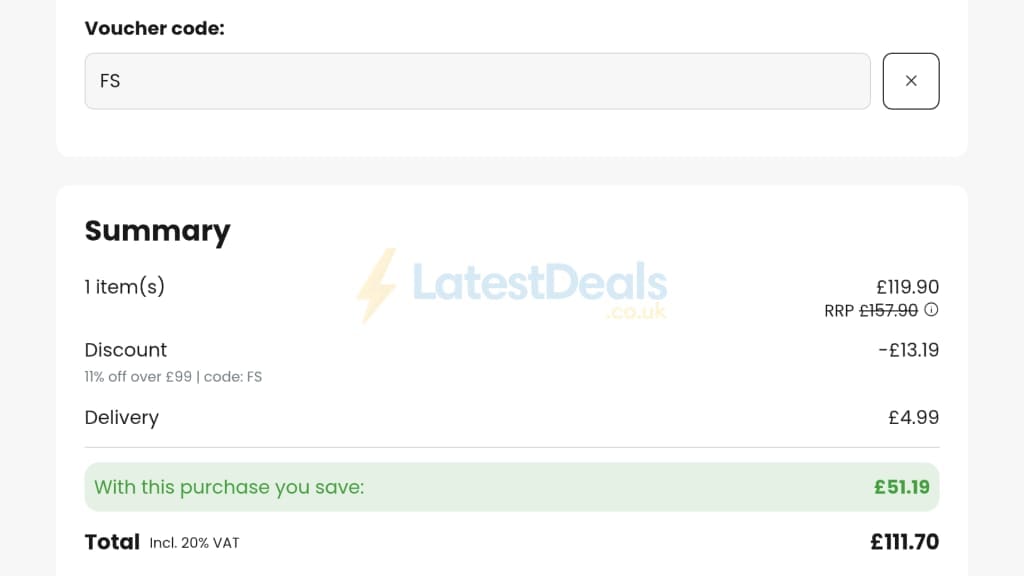 Screenshot of the lights.co.uk discount code working