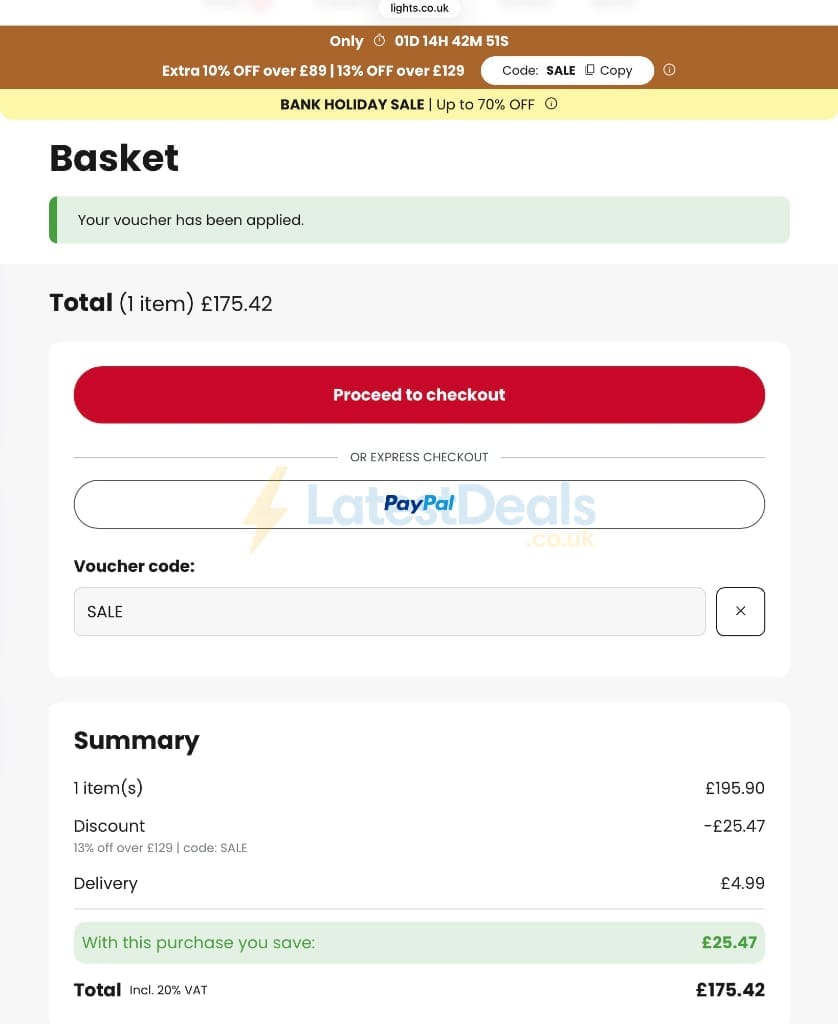 Screenshot of the lights.co.uk discount code working