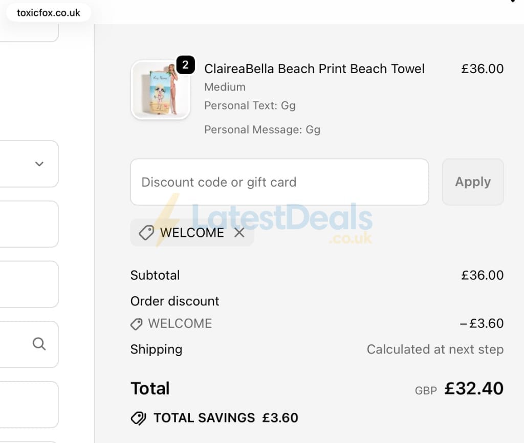 Screenshot of the Toxicfox discount code working
