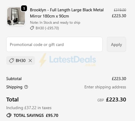 Screenshot of the William Wood Mirrors discount code working