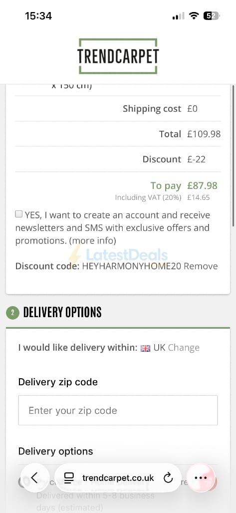 Screenshot of the Trendcarpet discount code working
