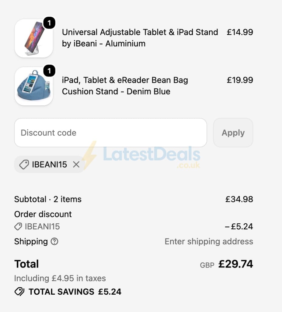 Screenshot of the Ibeani discount code working