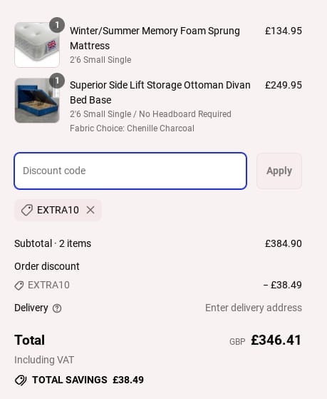 Screenshot of the The Bed Supermarket discount code working
