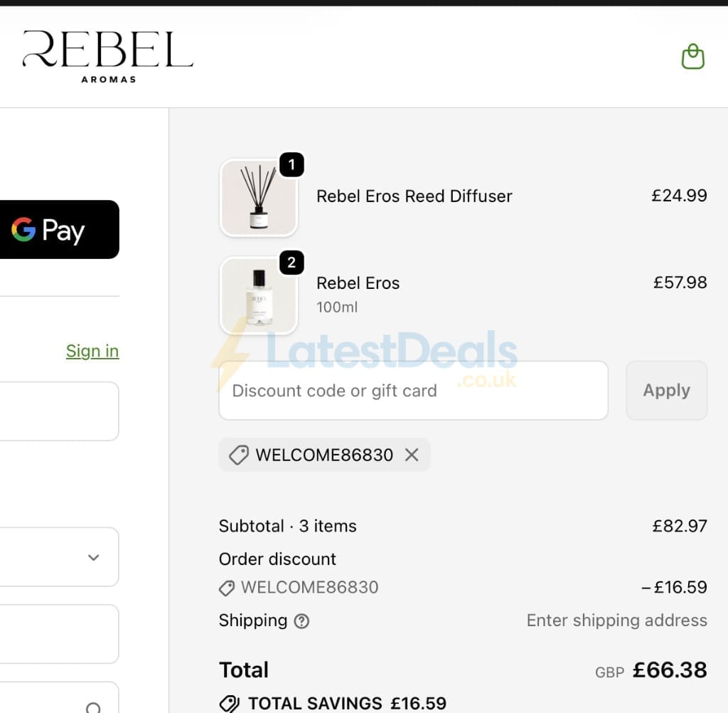 Screenshot of the Rebel Aromas discount code working