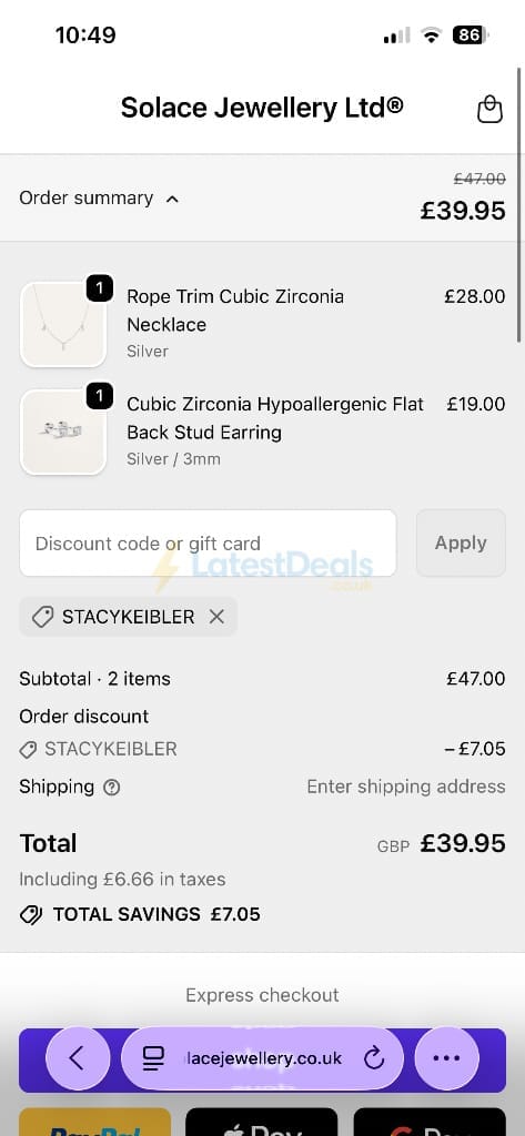 Screenshot of the Solace Jewellery discount code working