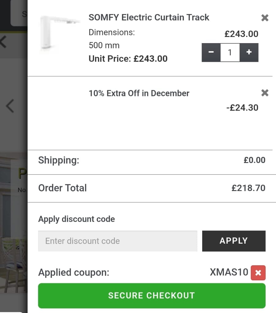 Screenshot of the Newblinds.co.uk discount code working
