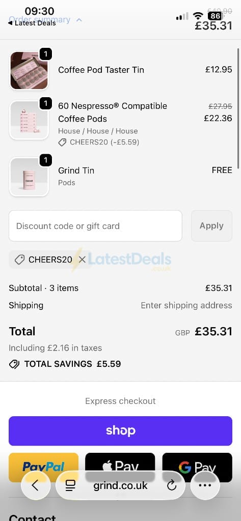 Screenshot of the Grind discount code working