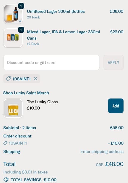 Screenshot of the Lucky Saint discount code working