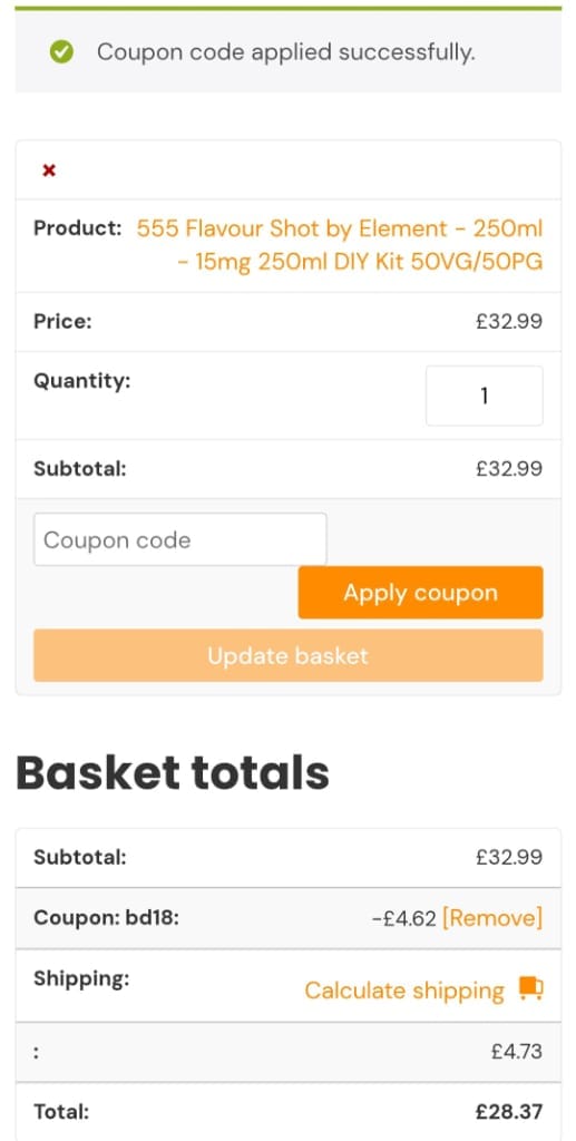 Screenshot of the Eliquid Flavour Concentrates discount code working