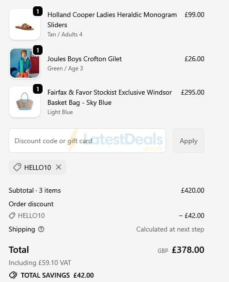 Screenshot of the Millbry Hill discount code working