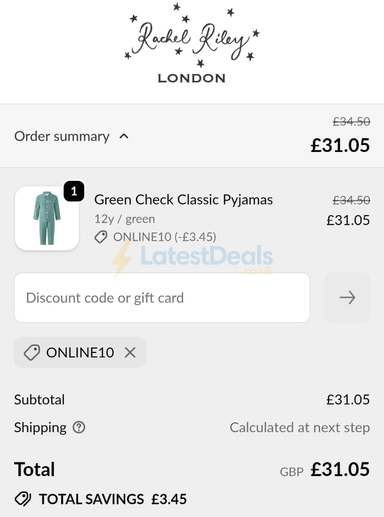 Screenshot of the Rachel Riley discount code working