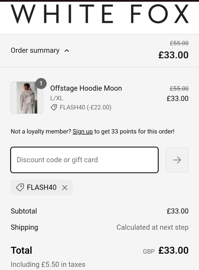 Screenshot of the White Fox discount code working