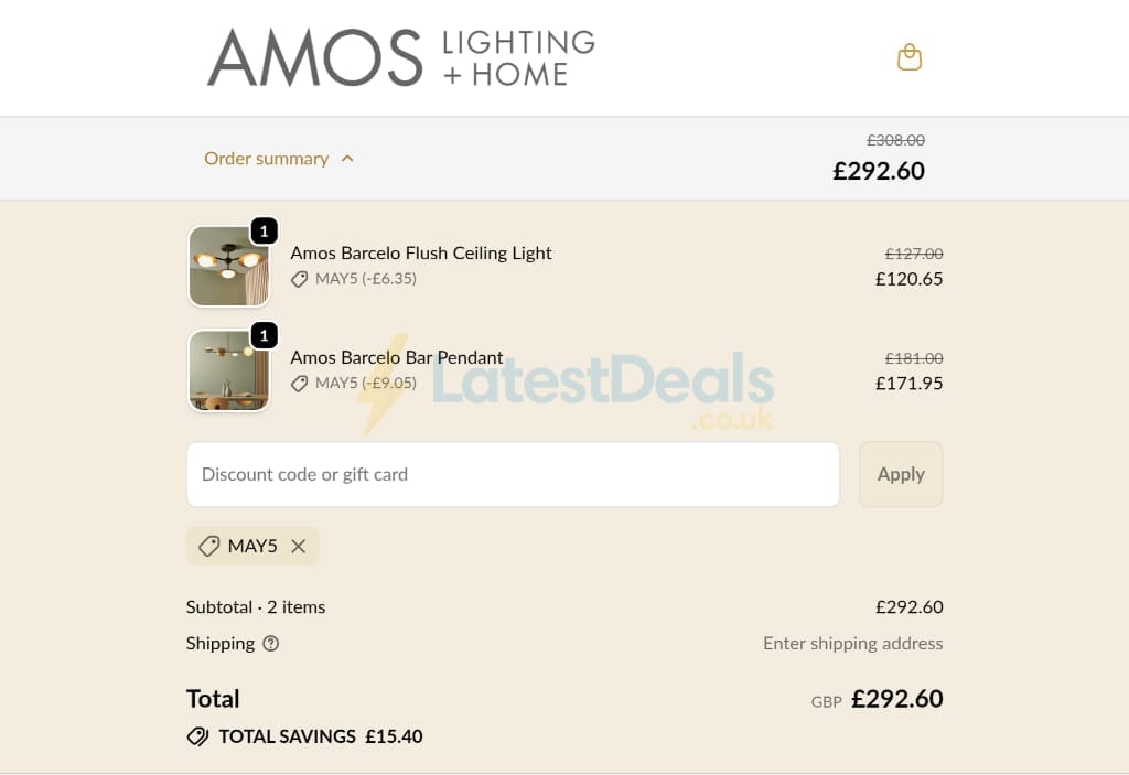 Screenshot of the AMOS Lighting discount code working