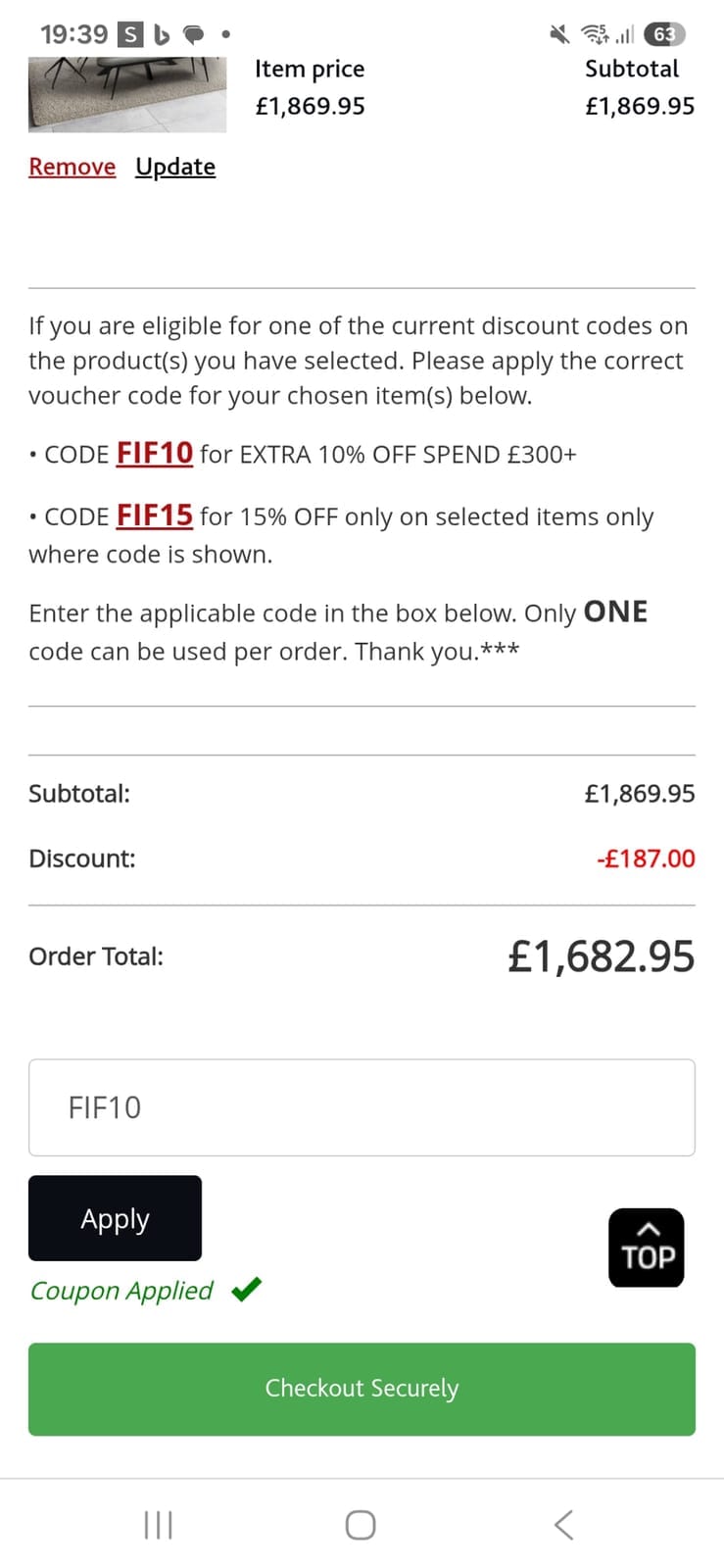 Screenshot of the Furniture in Fashion discount code working