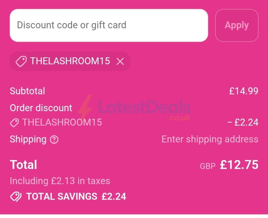 Screenshot of the LashBase discount code working