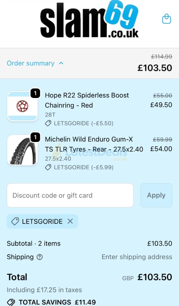 Screenshot of the Slam69 discount code working