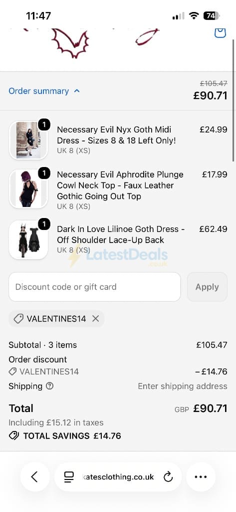 Screenshot of the Kate's Clothing discount code working