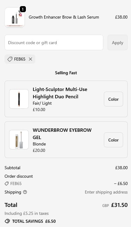 Screenshot of the Wunderbrow discount code working