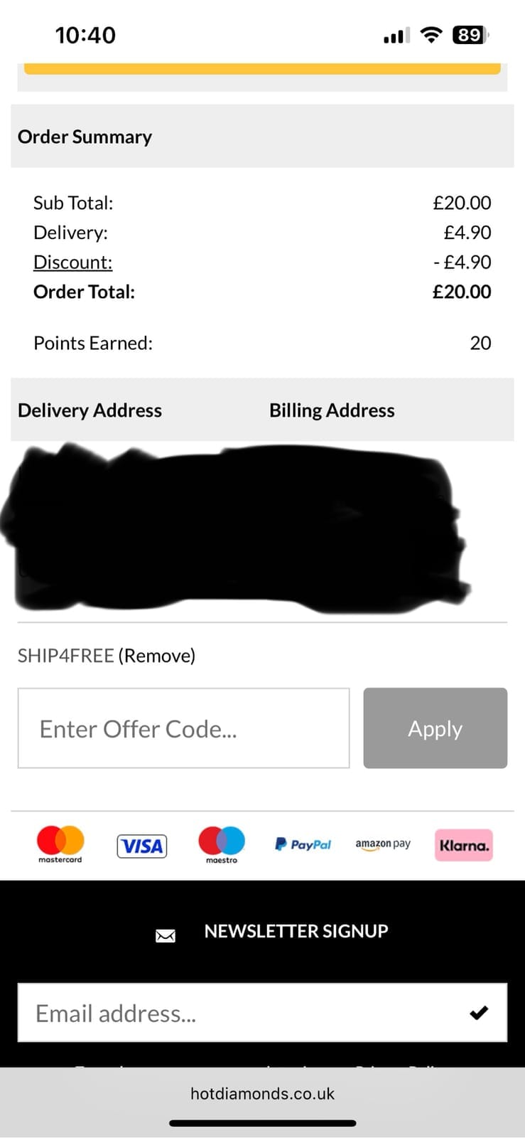 Screenshot of the Hot Diamonds discount code working