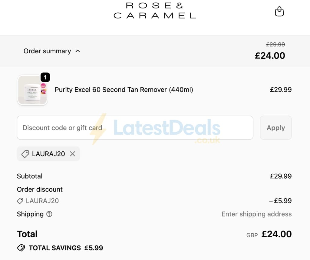 Screenshot of the Rose and Caramel discount code working