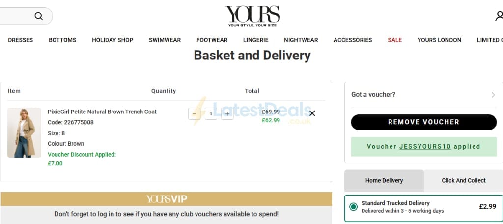 Screenshot of the Yours Clothing discount code working