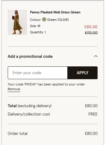 Screenshot of the Monsoon discount code working