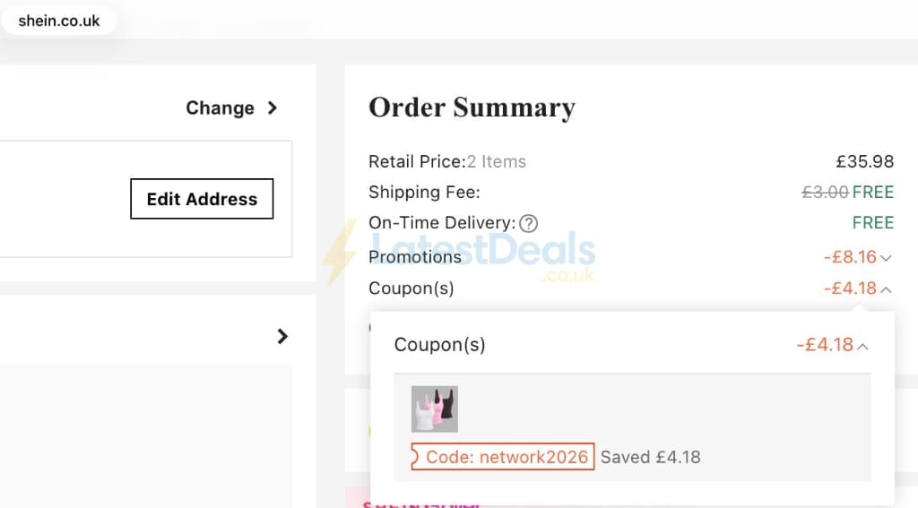Screenshot of the SHEIN discount code working