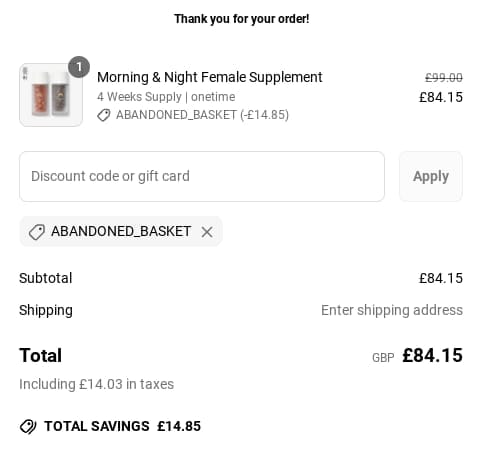Screenshot of the Lumity discount code working